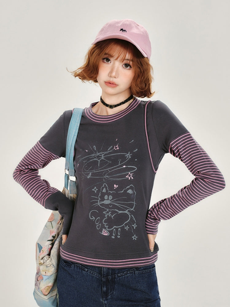 Cat Print Stripe Patchwork Long Sleeve Top