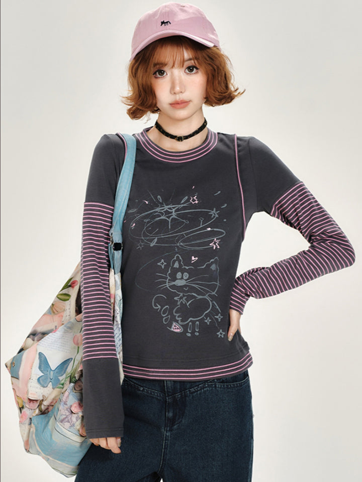 Cat Print Stripe Patchwork Long Sleeve Top