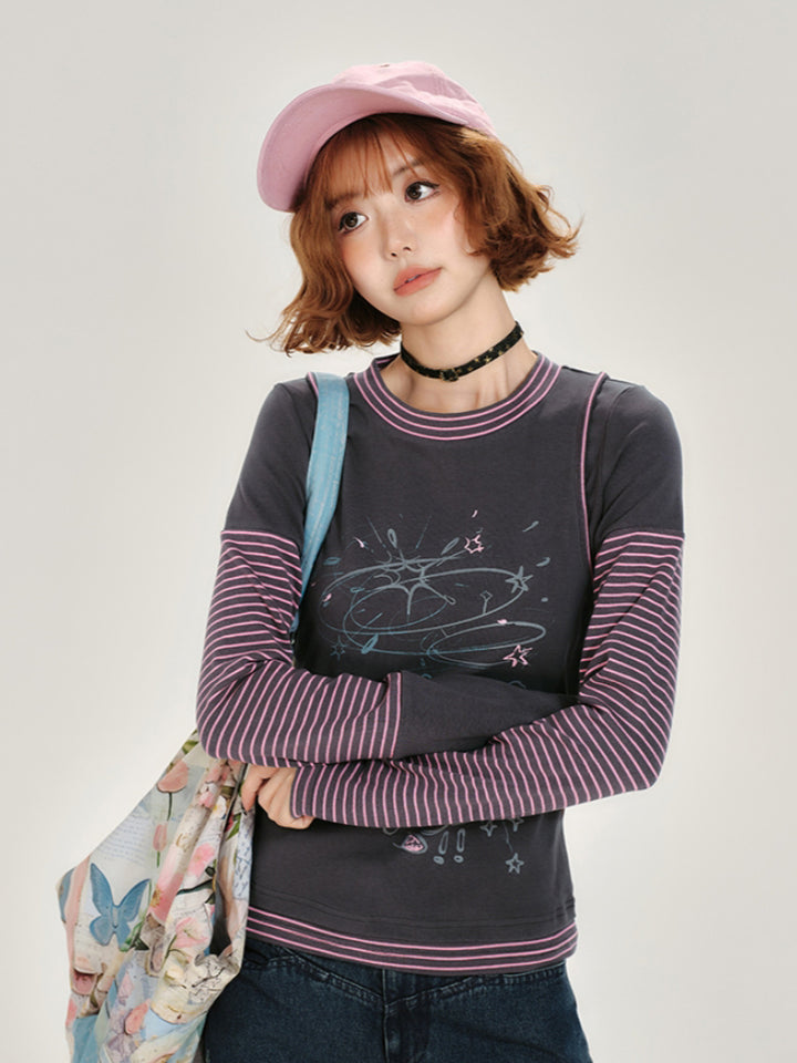 Cat Print Stripe Patchwork Long Sleeve Top