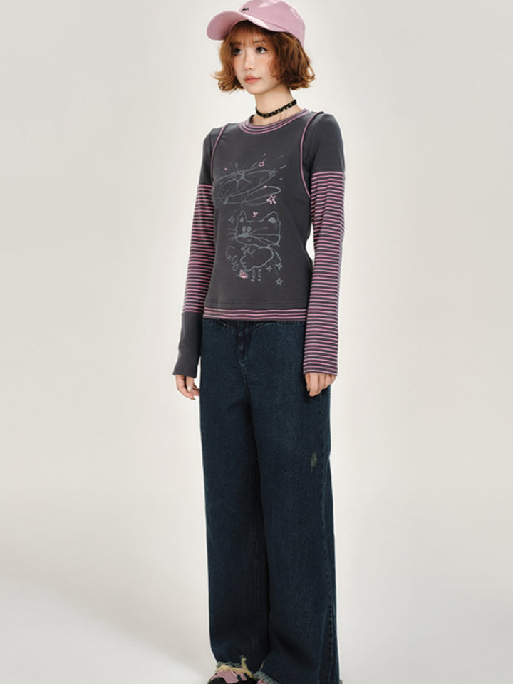 Cat Print Stripe Patchwork Long Sleeve Top