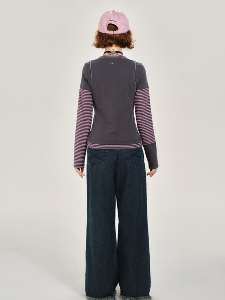 Cat Print Stripe Patchwork Long Sleeve Top