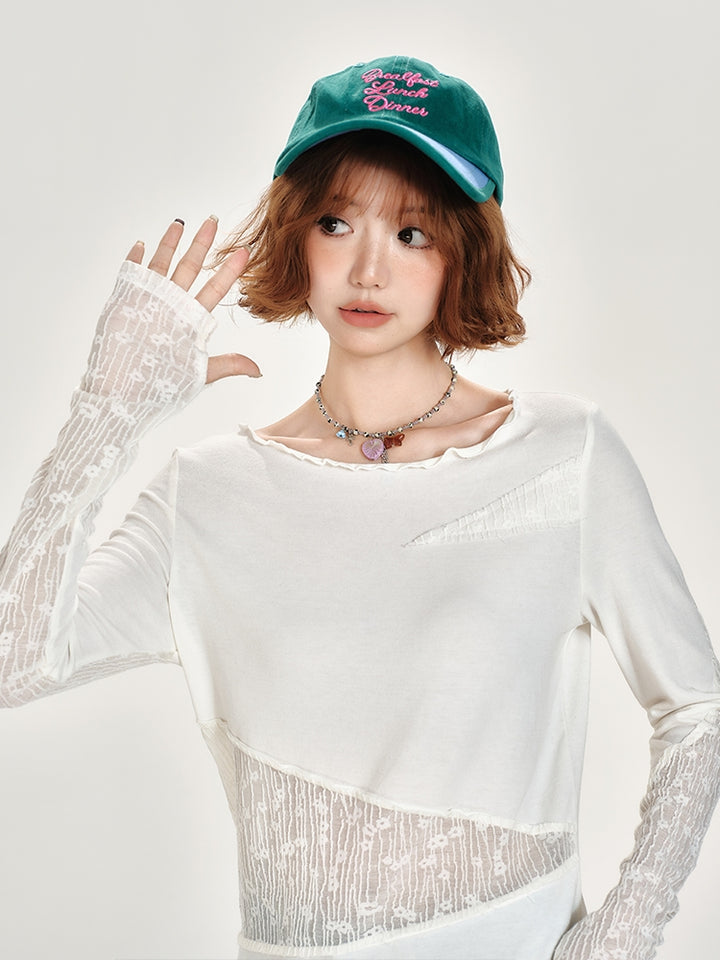 White Lace Asymmetrical Design Patchwork Long Sleeve Top