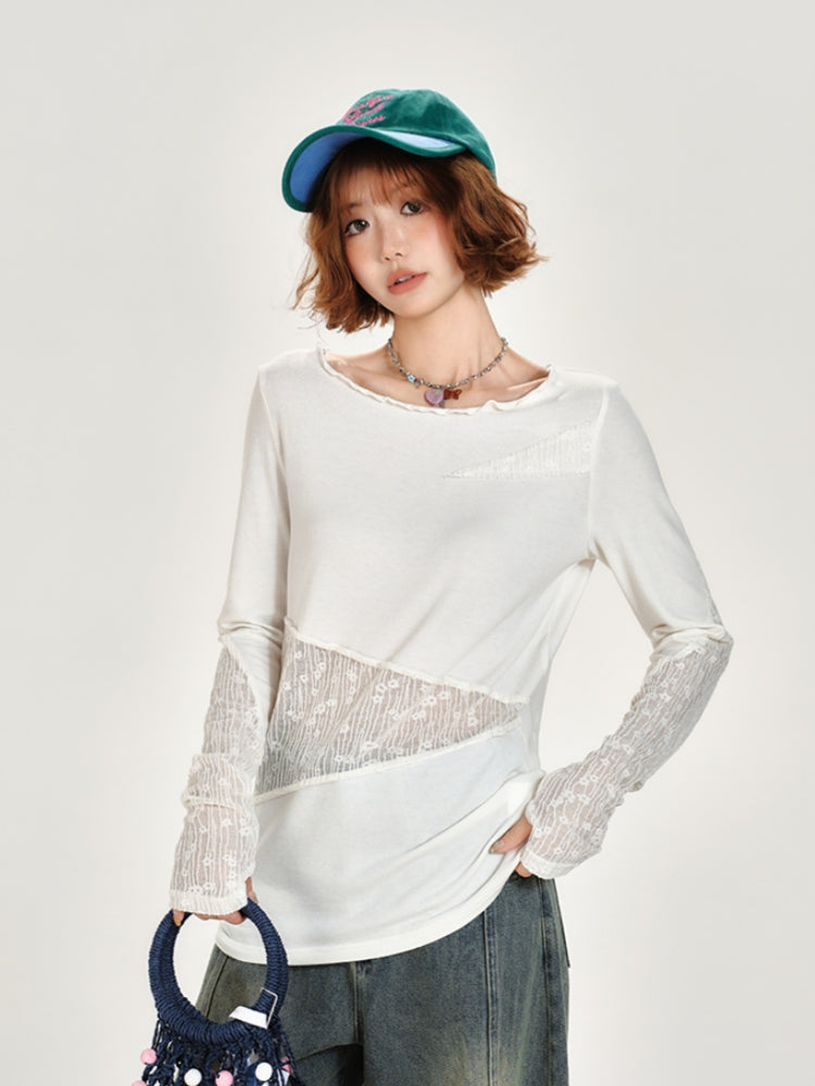 White Lace Asymmetrical Design Patchwork Long Sleeve Top
