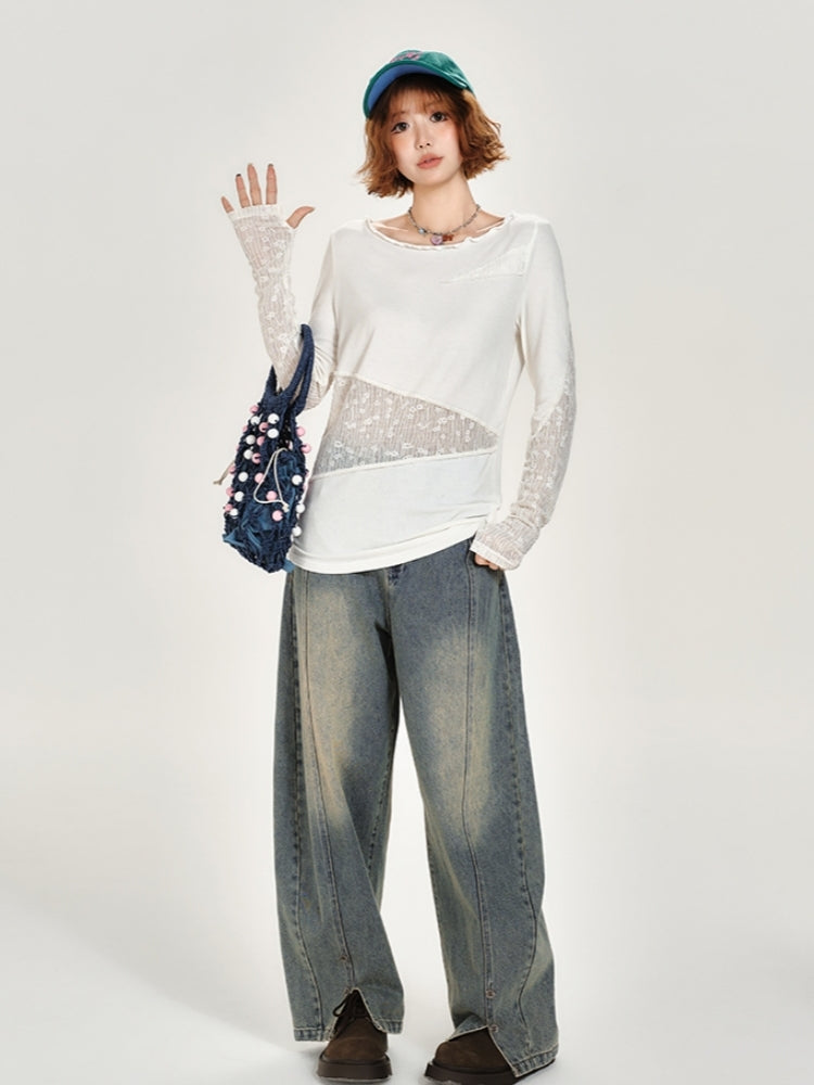 White Lace Asymmetrical Design Patchwork Long Sleeve Top