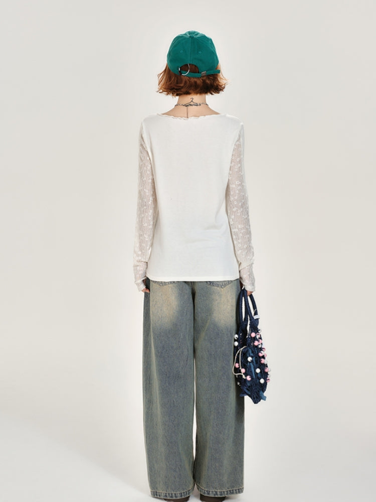 White Lace Asymmetrical Design Patchwork Long Sleeve Top