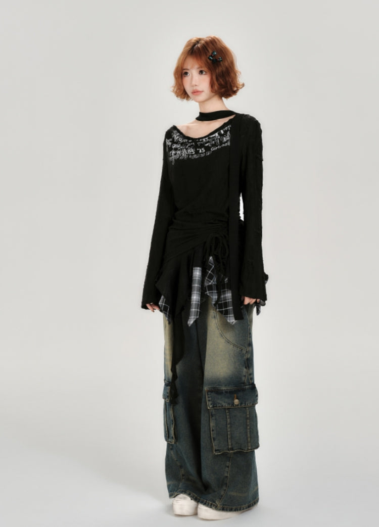 Graffiti Print Distressed Black Choker Crop Top