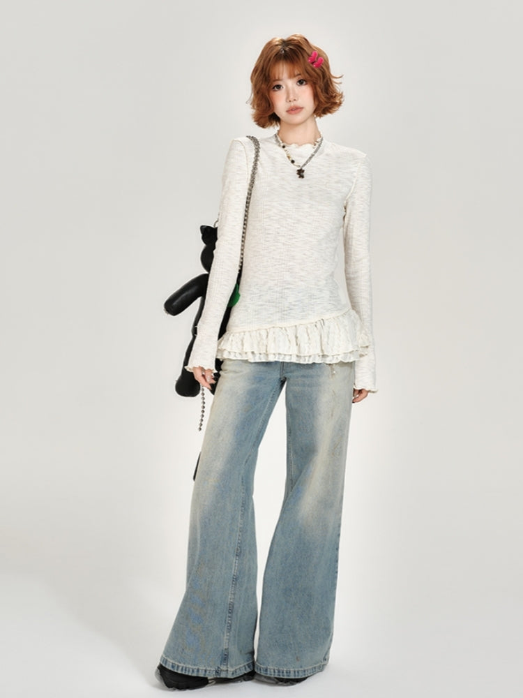 Lace Patchwork Round Neck Long Sleeve Top for Spring and Autumn
