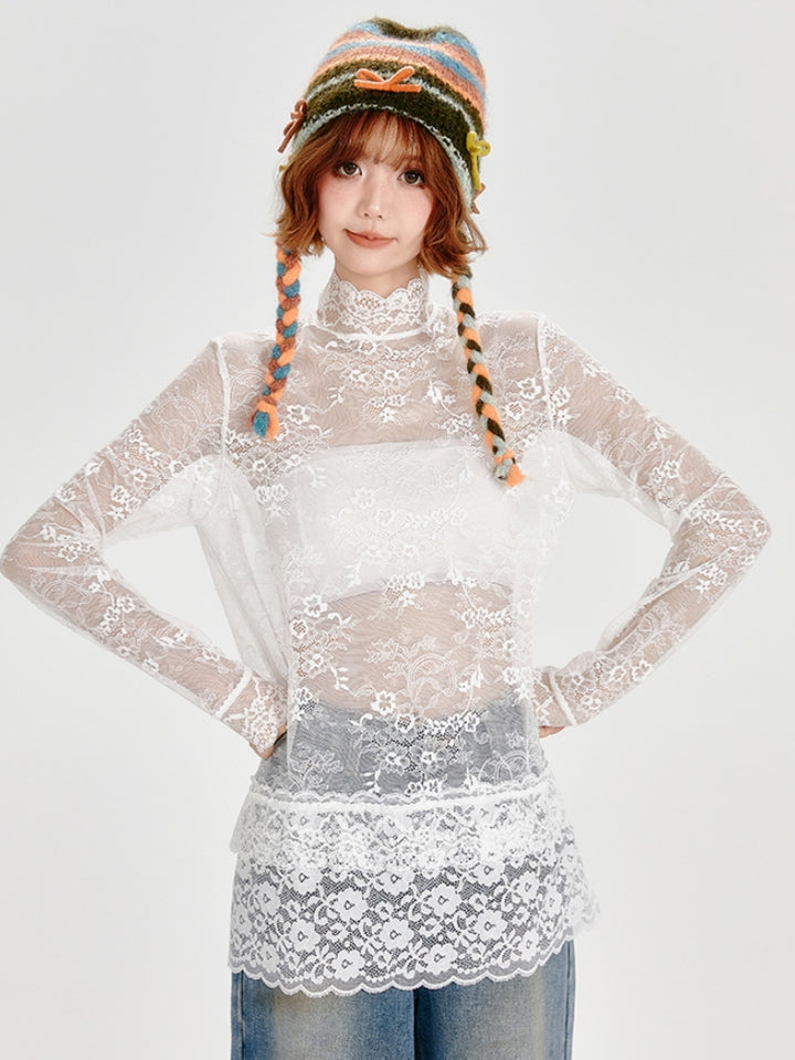 White Stand Collar Lace Hollow Out Top
