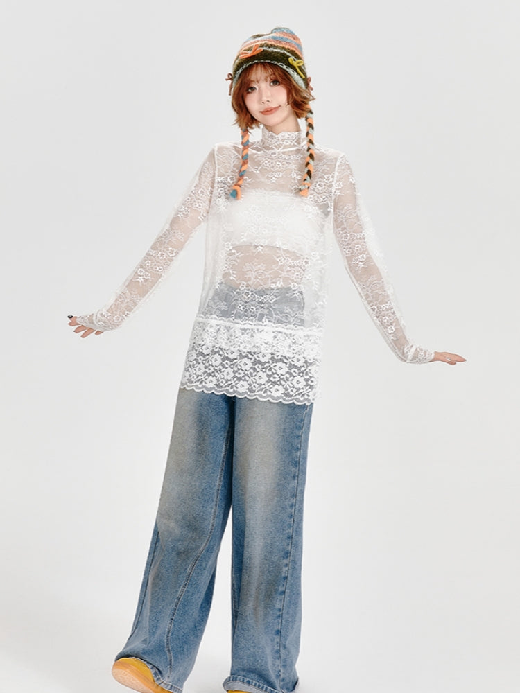 White Stand Collar Lace Hollow Out Top