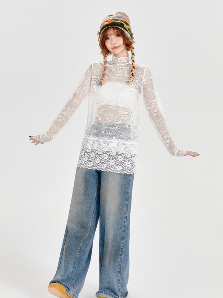 White Stand Collar Lace Hollow Out Top