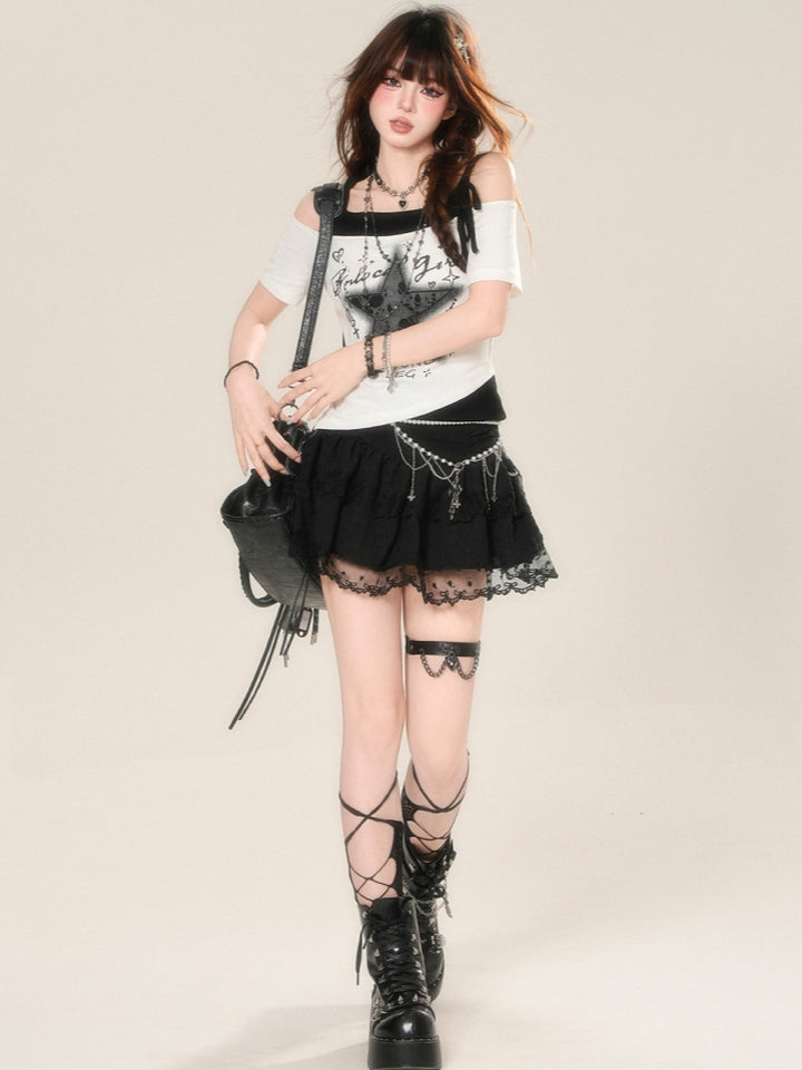 Star Print Spicy Girl Short-Sleeve Off-Shoulder T-Shirt