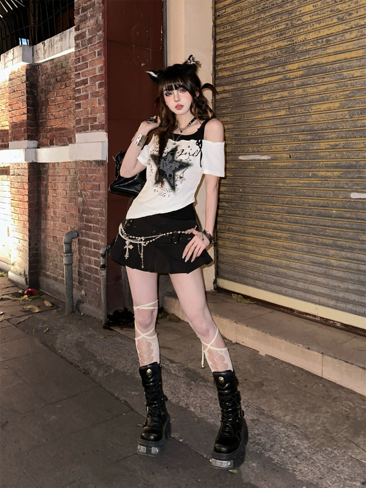 Star Print Spicy Girl Short-Sleeve Off-Shoulder T-Shirt