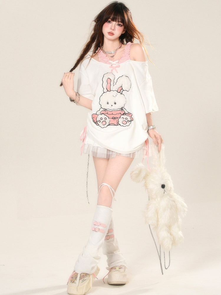 Korean-Style Rabbit Embroidered Short-Sleeve Off-Shoulder White Top