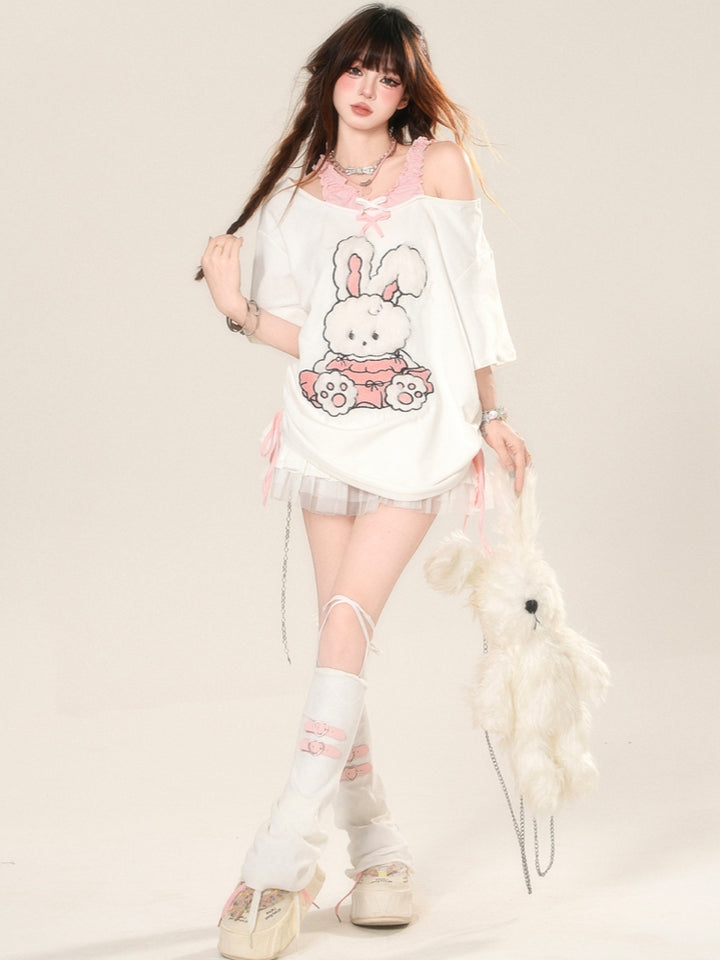 Korean-Style Rabbit Embroidered Short-Sleeve Off-Shoulder White Top