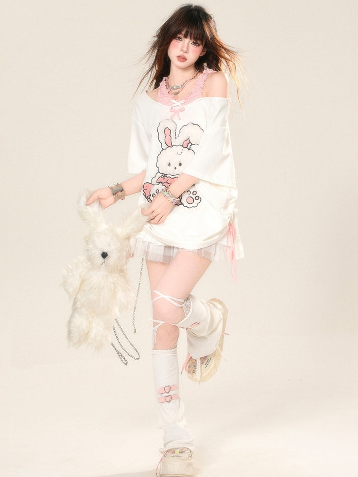 Korean-Style Rabbit Embroidered Short-Sleeve Off-Shoulder White Top
