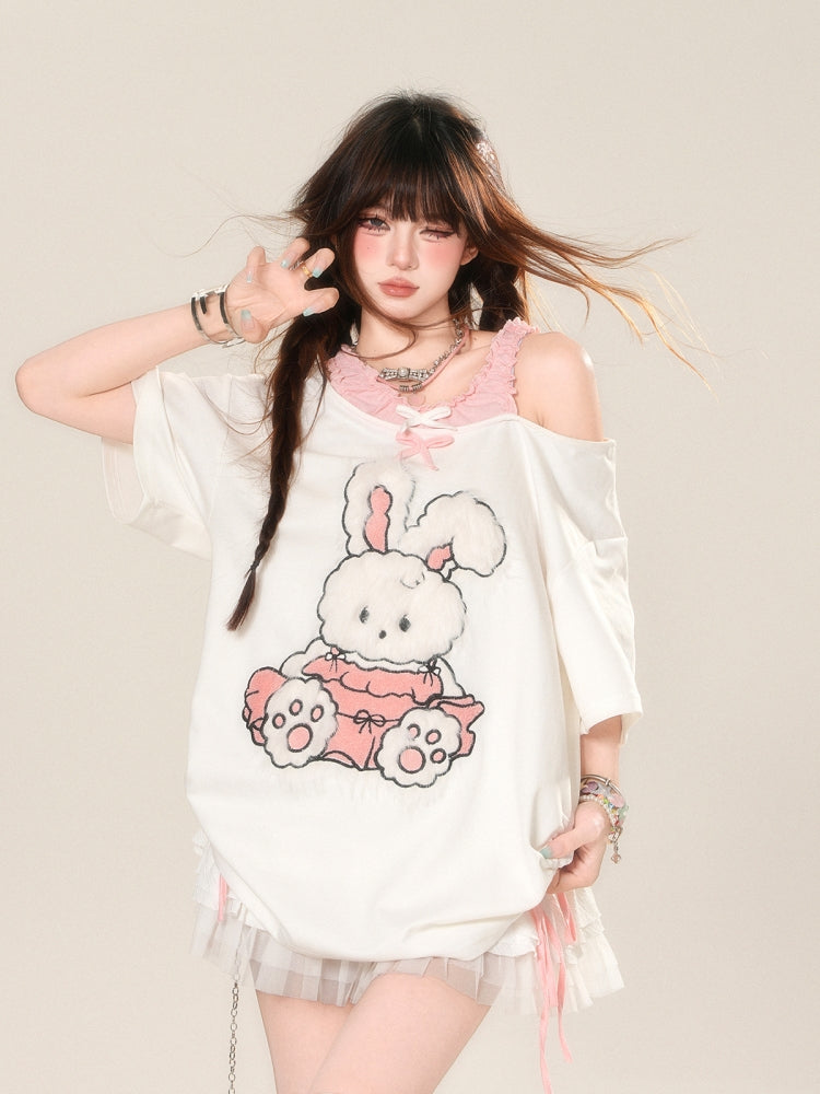 Korean-Style Rabbit Embroidered Short-Sleeve Off-Shoulder White Top