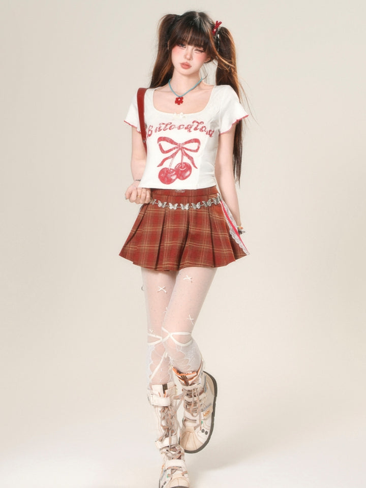 Spicy Girl Cherry Print White Crop Top