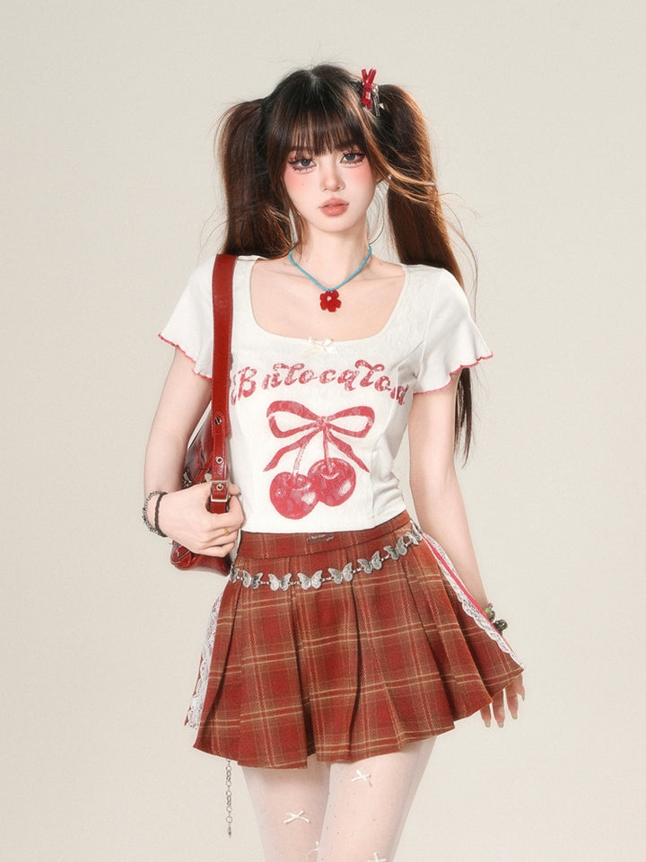 Spicy Girl Cherry Print White Crop Top