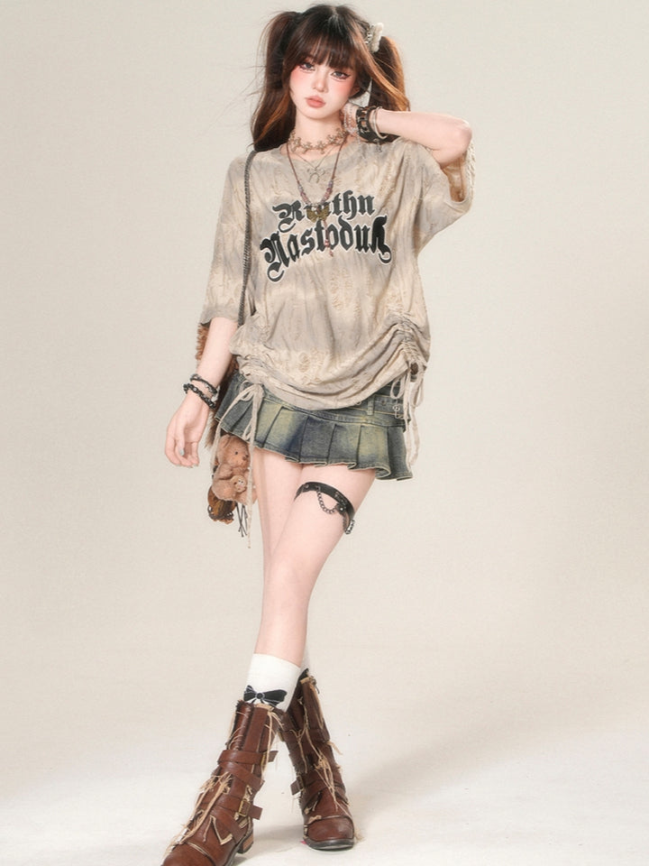 Korean-Style Lazy Vibe Drawstring Loose Distressed Top