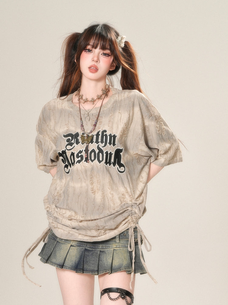 Korean-Style Lazy Vibe Drawstring Loose Distressed Top
