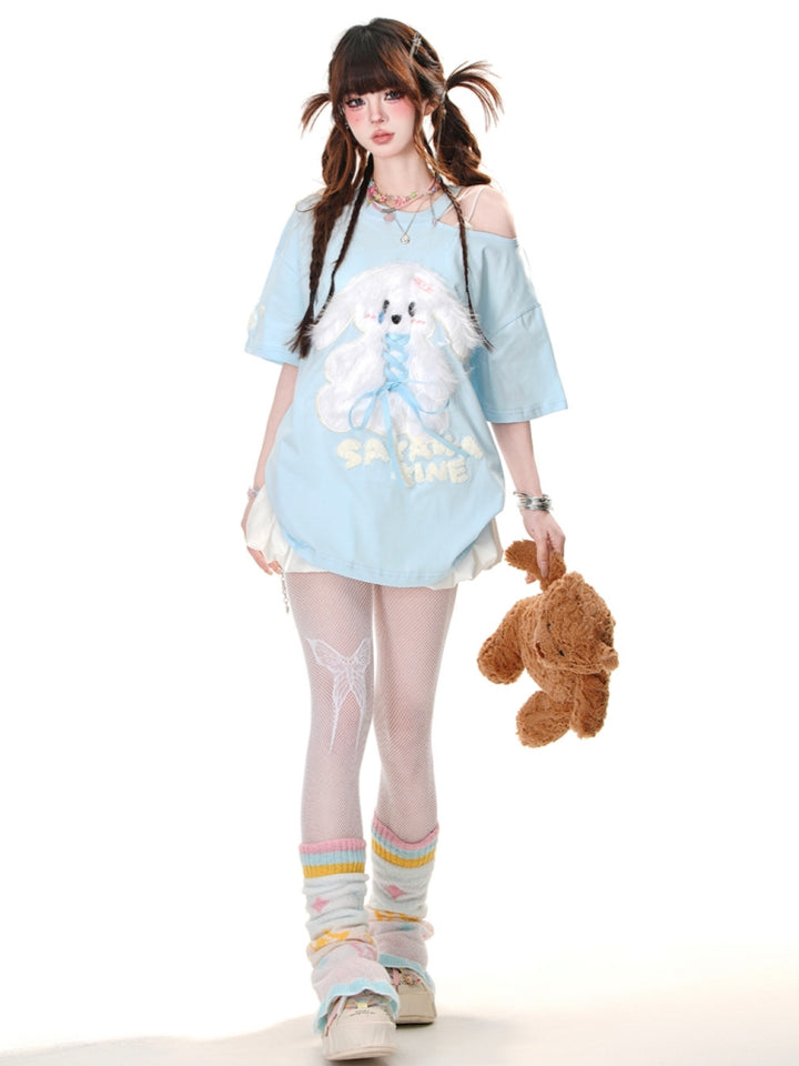 Puppy Embroidery Blue Off-Shoulder Short-Sleeve T-Shirt