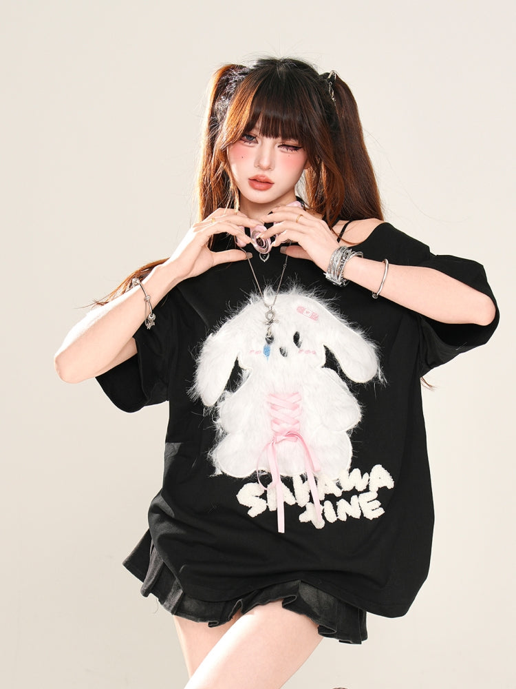 Puppy Embroidery Black Off-Shoulder Short-Sleeve T-Shirt