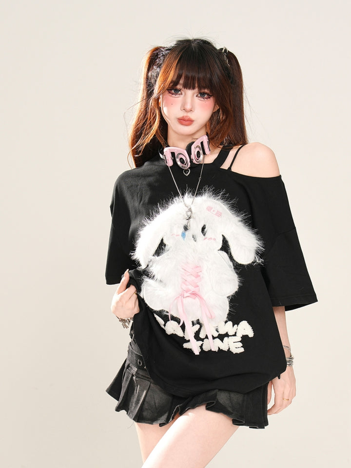 Puppy Embroidery Black Off-Shoulder Short-Sleeve T-Shirt