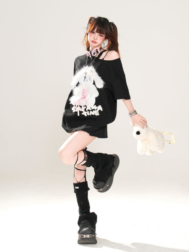 Puppy Embroidery Black Off-Shoulder Short-Sleeve T-Shirt