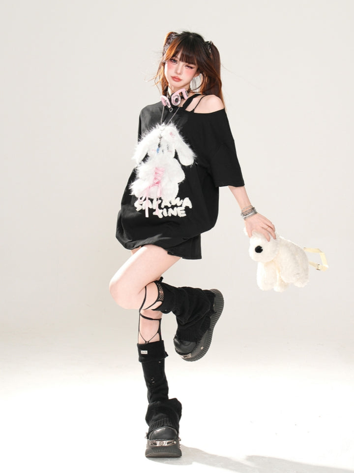 Puppy Embroidery Black Off-Shoulder Short-Sleeve T-Shirt