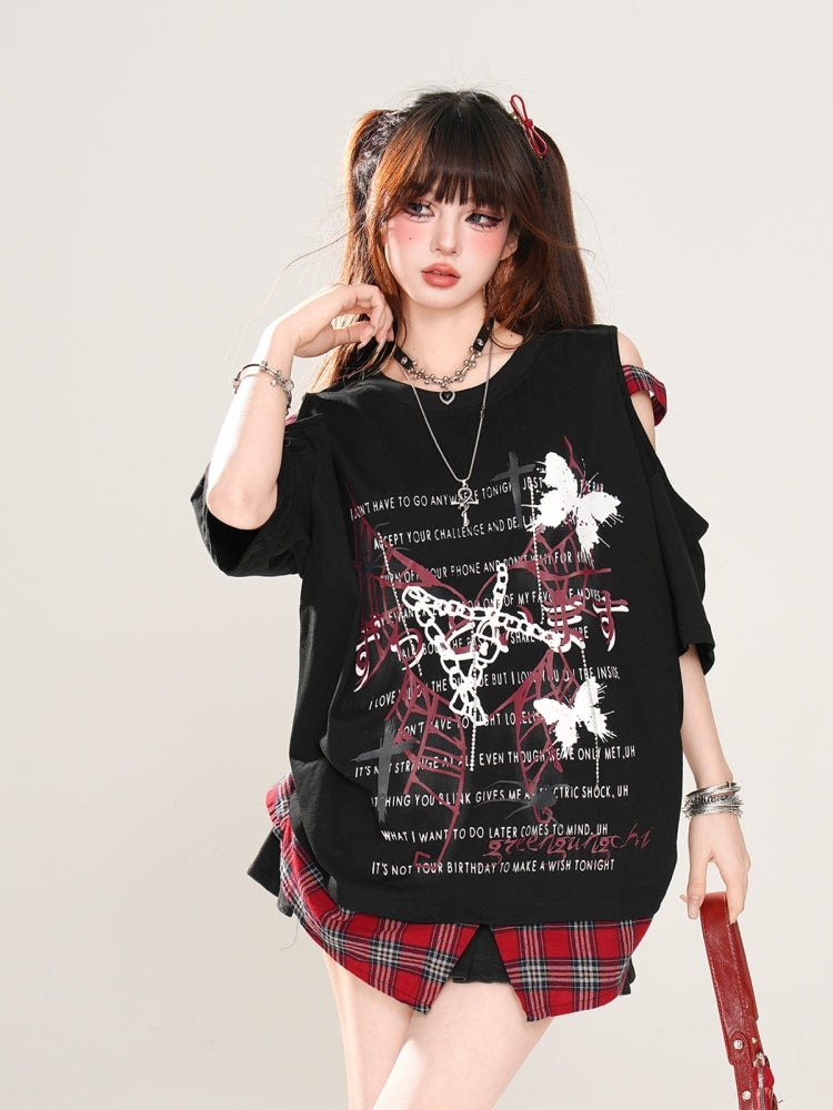 Black Butterfly Letter Print Loose Cotton Top