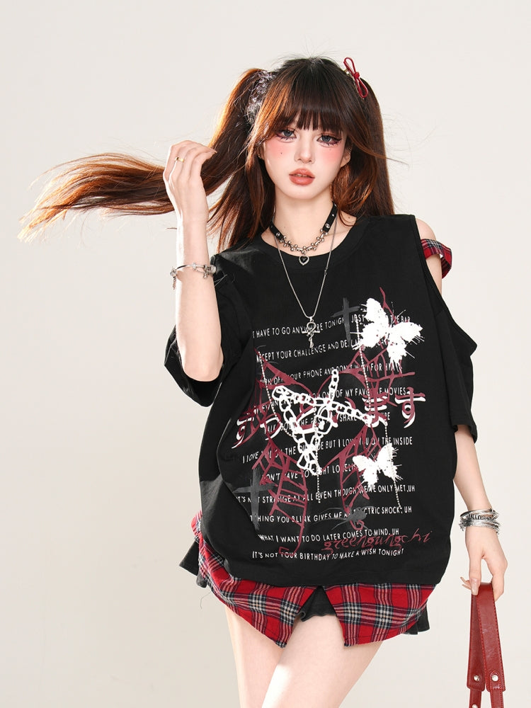 Black Butterfly Letter Print Loose Cotton Top