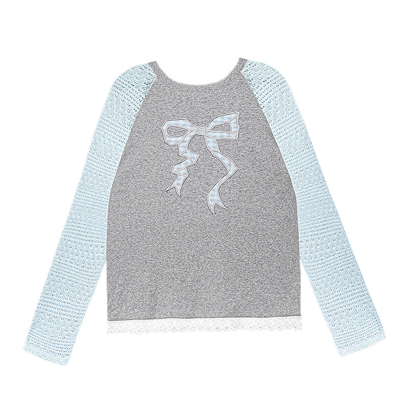 Gray-Blue Bow Long Sleeve Top