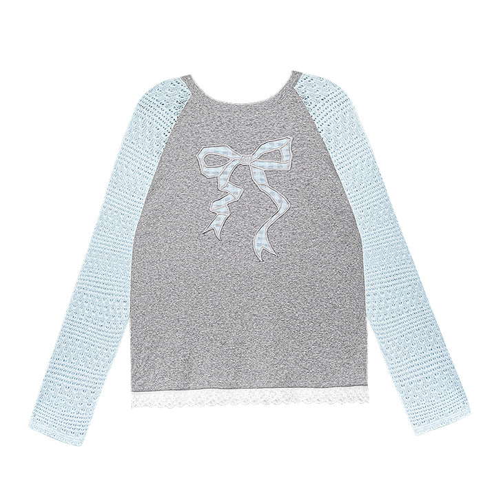 Gray-Blue Bow Long Sleeve Top