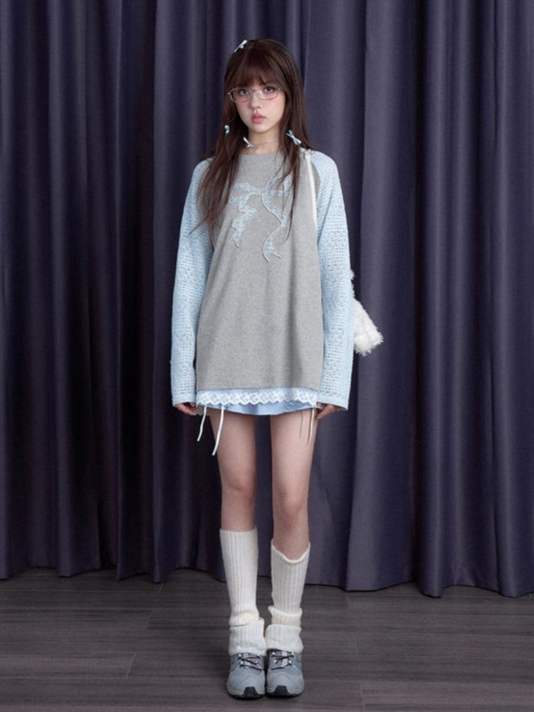 Gray-Blue Bow Long Sleeve Top
