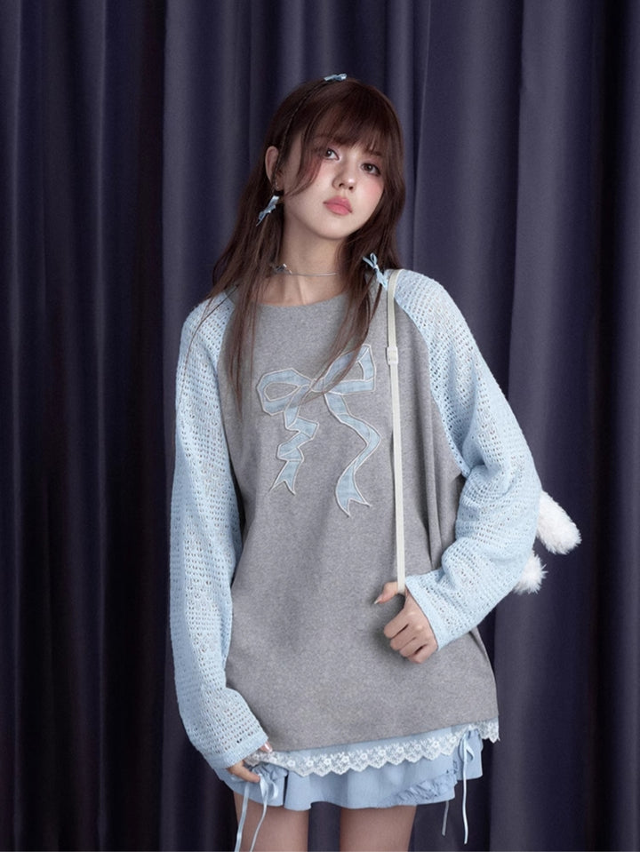 Gray-Blue Bow Long Sleeve Top