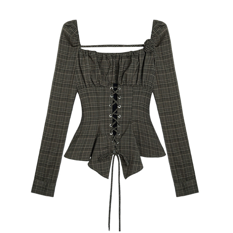 Brown Plaid Asymmetrical Fitted Top