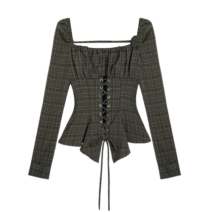 Brown Plaid Asymmetrical Fitted Top