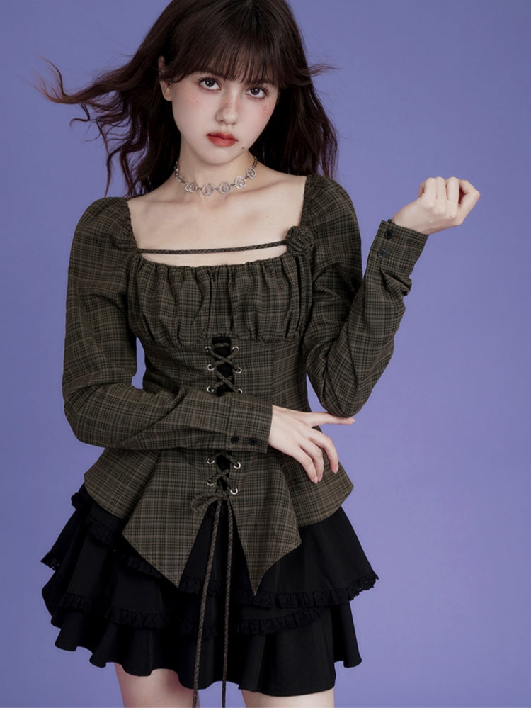 Brown Plaid Asymmetrical Fitted Top