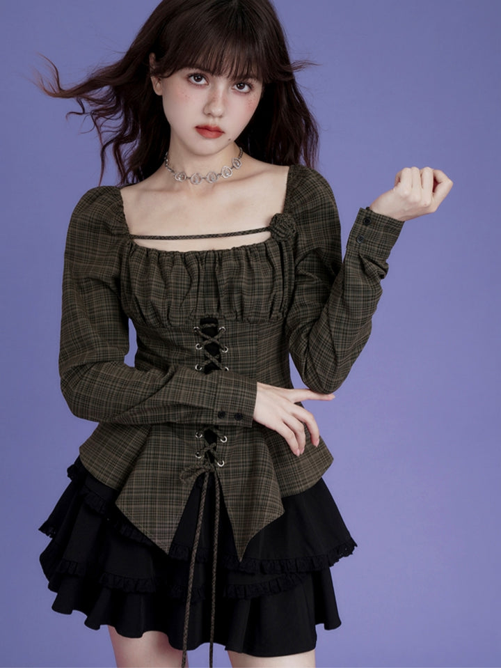 Brown Plaid Asymmetrical Fitted Top