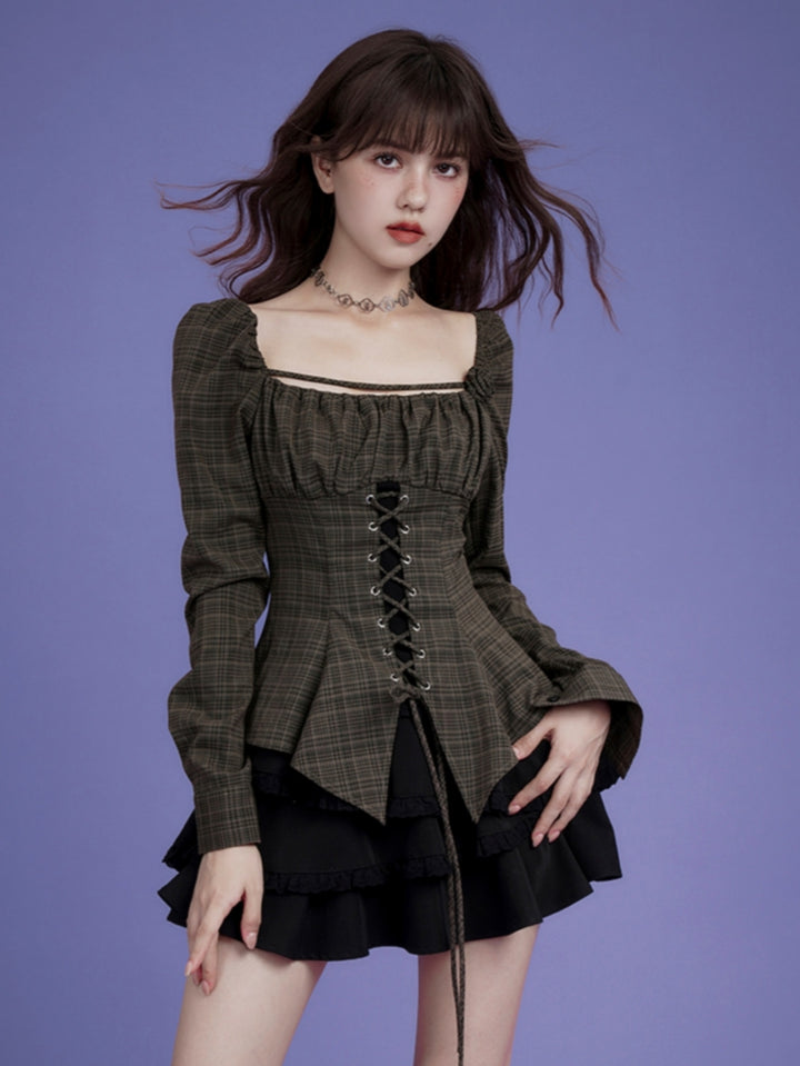 Brown Plaid Asymmetrical Fitted Top