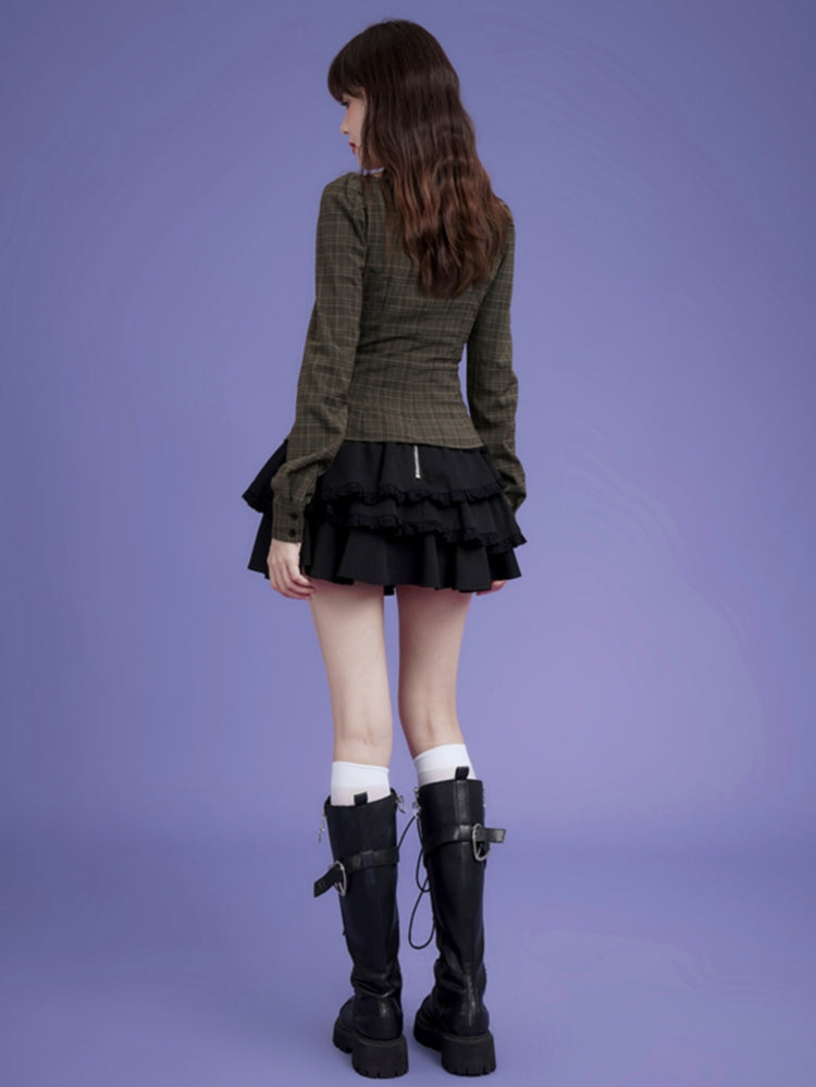 Brown Plaid Asymmetrical Fitted Top