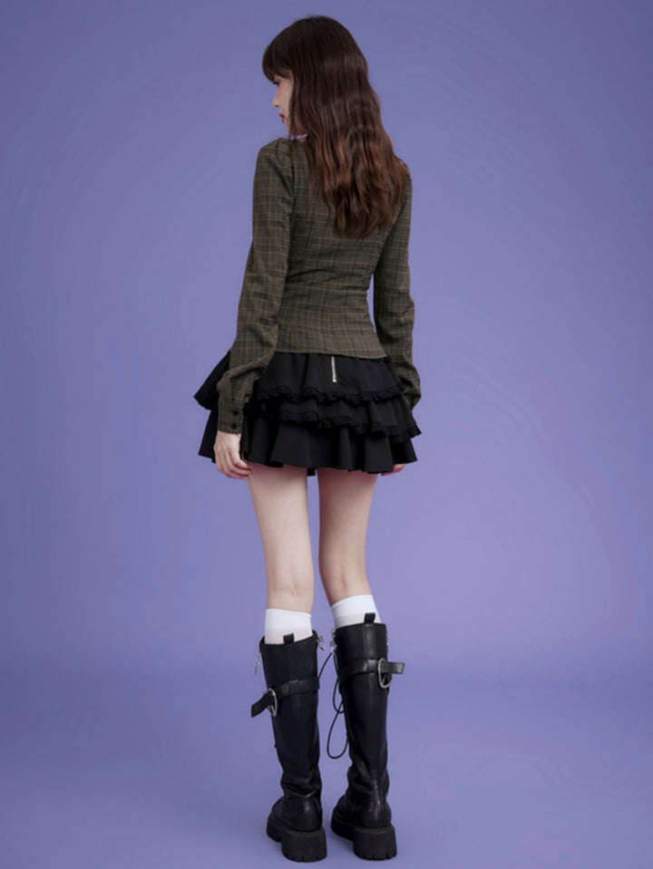 Brown Plaid Asymmetrical Fitted Top