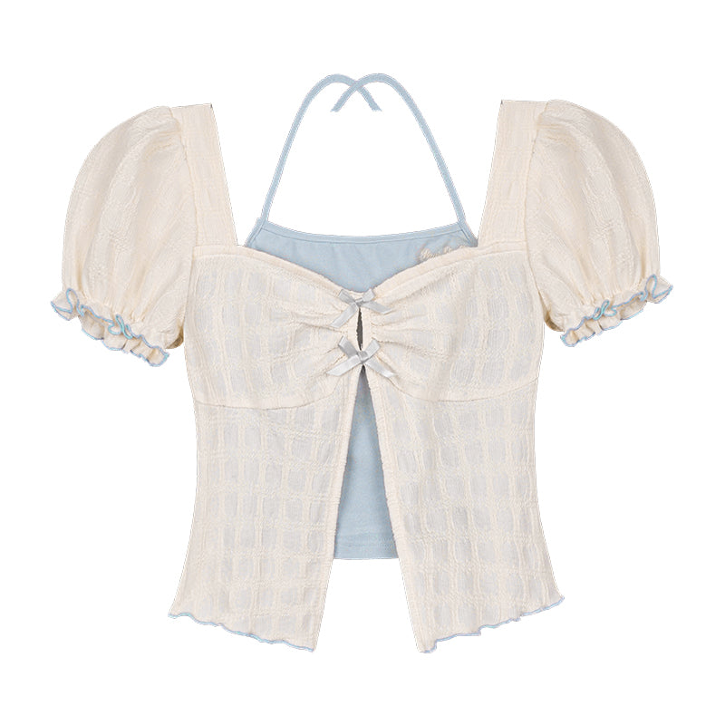 Blue and White Layered-Look Puff Sleeve Top