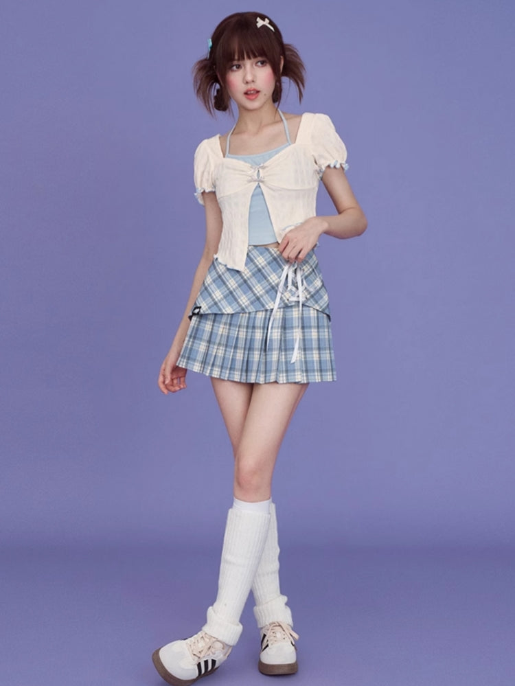 Blue and White Layered-Look Puff Sleeve Top