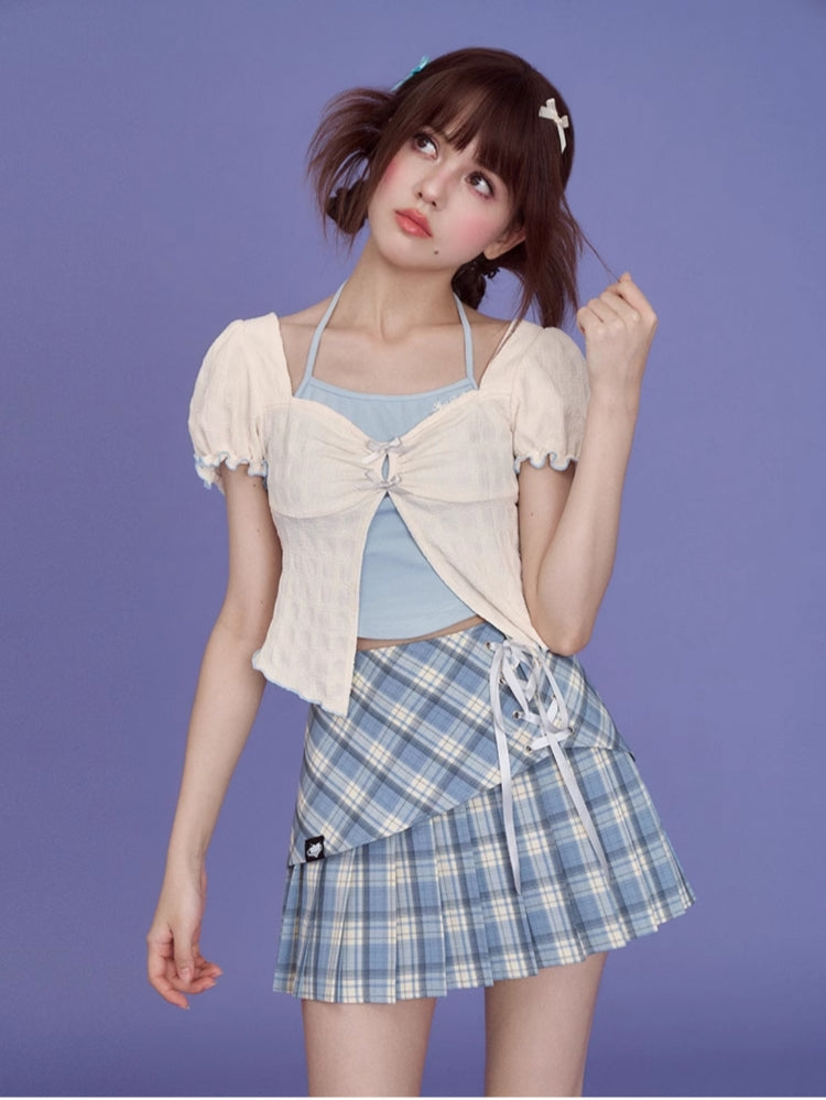 Blue and White Layered-Look Puff Sleeve Top