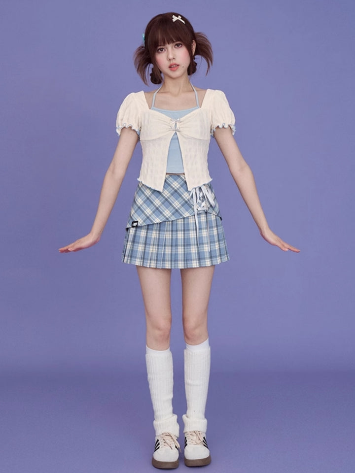 Blue and White Layered-Look Puff Sleeve Top