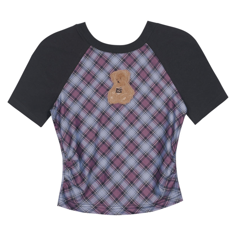 Blue and Purple Plaid Fuzzy Bear Short-Sleeve Summer T-Shirt