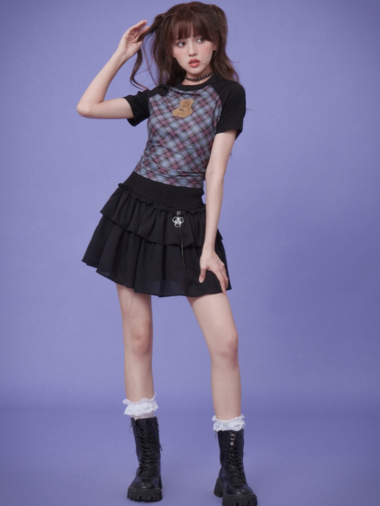 Blue and Purple Plaid Fuzzy Bear Short-Sleeve Summer T-Shirt