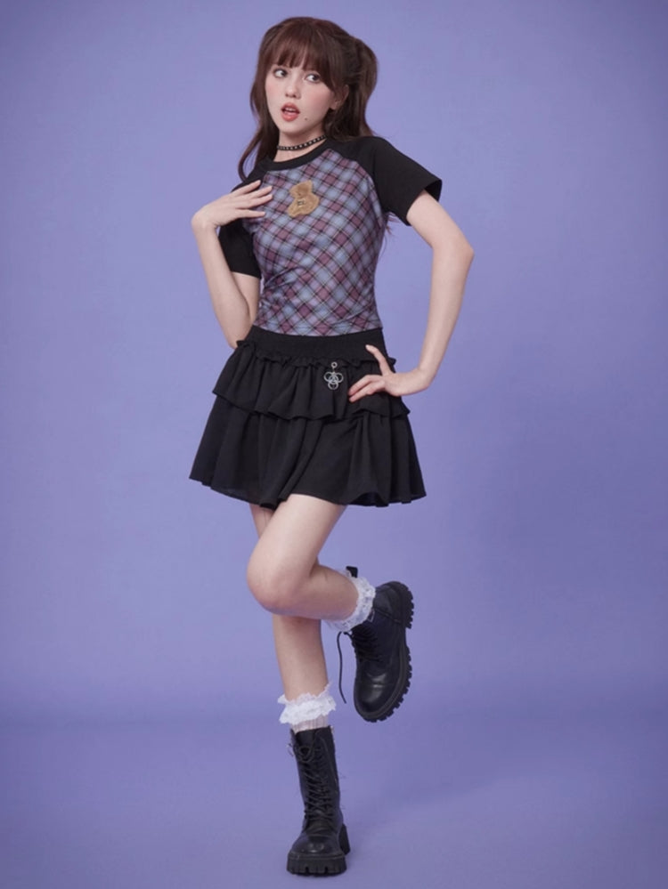 Blue and Purple Plaid Fuzzy Bear Short-Sleeve Summer T-Shirt