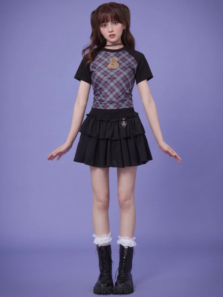 Blue and Purple Plaid Fuzzy Bear Short-Sleeve Summer T-Shirt